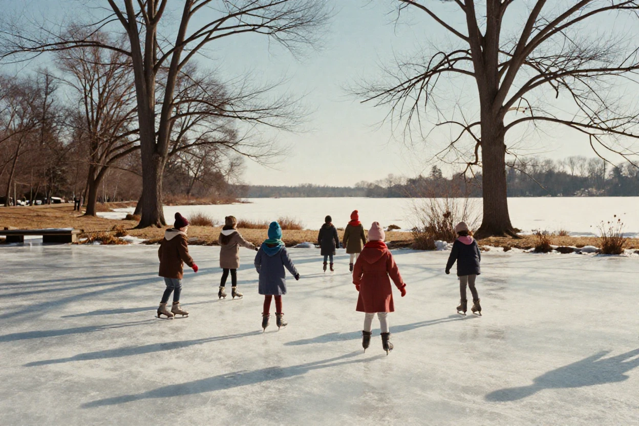 A frozen pond where children skate beneath bare trees, under harsh midday sun, in crisp, dry air, in winter, in warm honey and cream tones, from behind, looking toward the horizon.