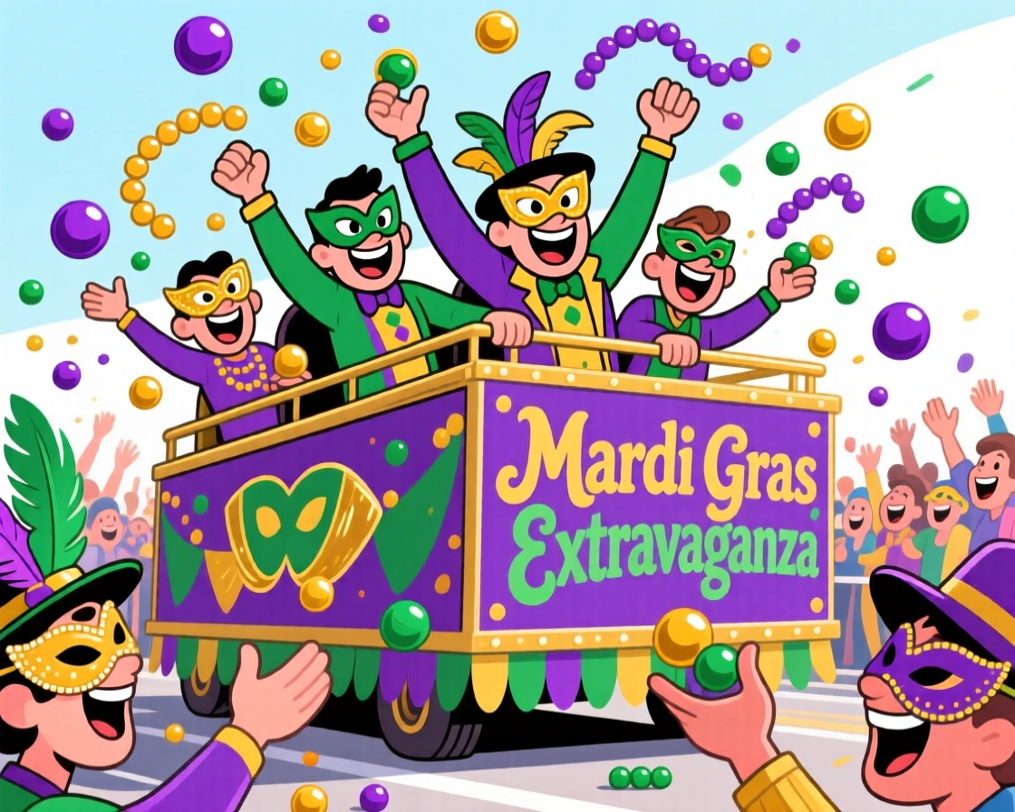 A festive celebration scene of a Mardi Gras parade float with beads flying and masked revelers cheering.