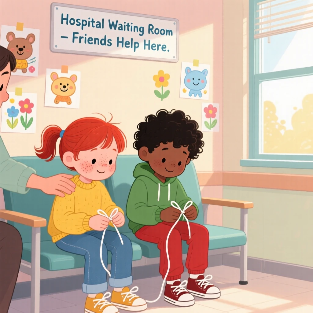Two children from different backgrounds share a tender moment teaching each other to tie their shoelaces in a hospital waiting room decorated with drawings, with a gentle hand resting on a shoulder.