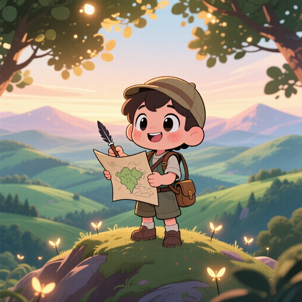 In a sweeping valley view, a young cartographer is sketching a new map atop a hilltop as fireflies begin to glow at dusk, bathed in dappled sunlight through a canopy, expression full of triumphant pride. Shot as a worm's-eye view.