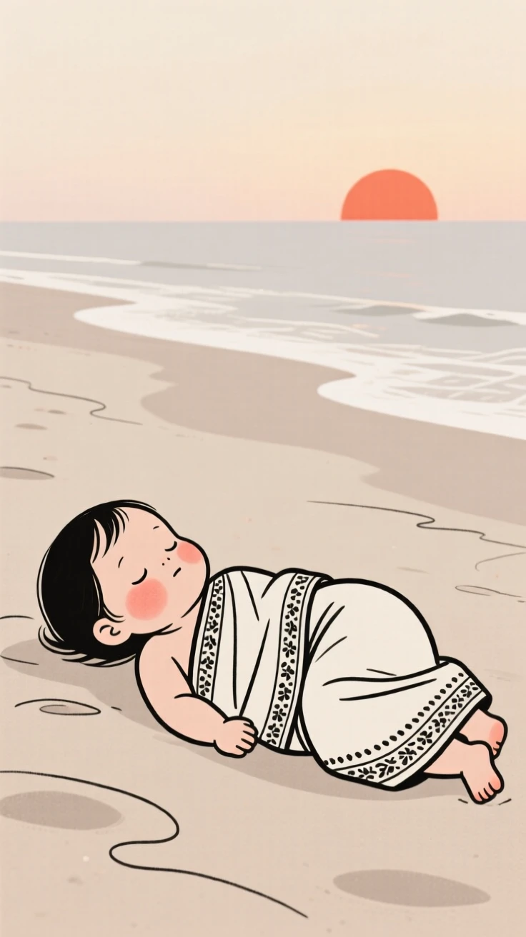 A baby girl wearing an embroidered sari, resting in calm stillness, on a sandy beach at sunset.