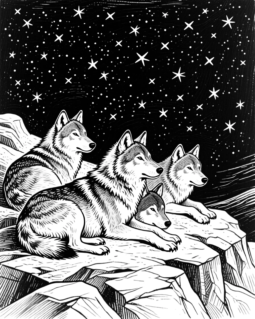 A wolf pack resting together on a rocky hillside beneath a starry sky.