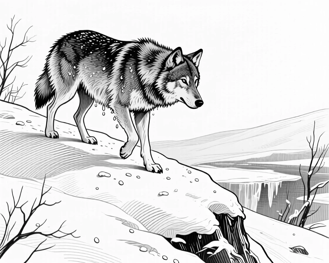 A wandering wolf on a snow-covered ridge, with droplets of water clinging to its coat, capturing a gentle and endearing moment in nature with a strong, centered focal point.