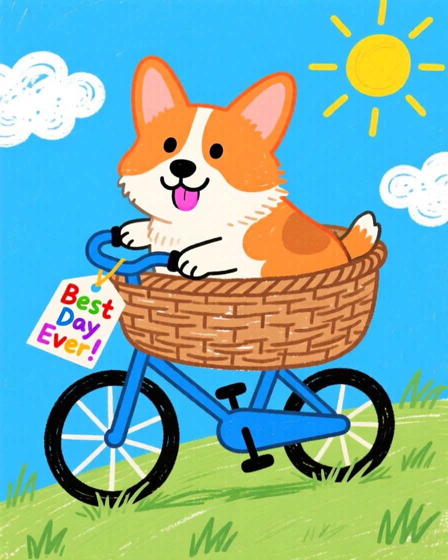A friendly corgi riding along in a bicycle basket.