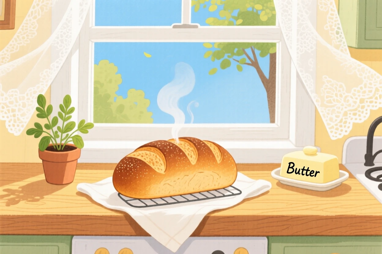 A cozy scene featuring a fresh loaf of bread cooling on a windowsill.