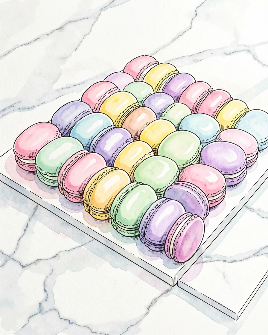 A colorful array of macarons arranged in neat rows on a marble countertop