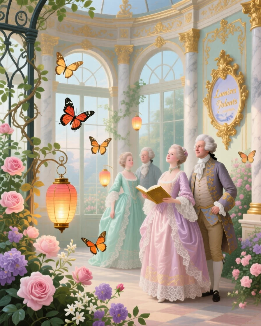 A magical conservatory where butterflies carry glowing lanterns  