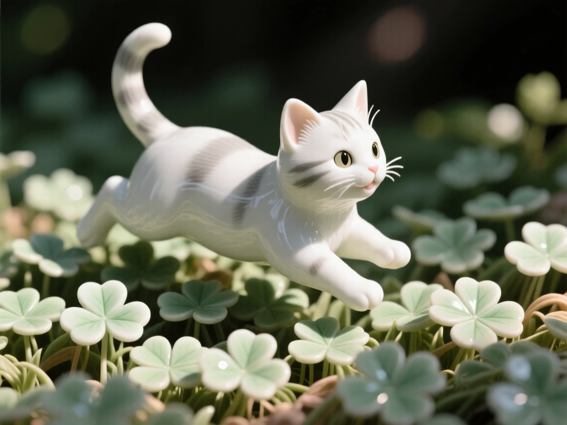 A tiny kitten hopping through a bed of clover, bathed in warm dappled sunlight.