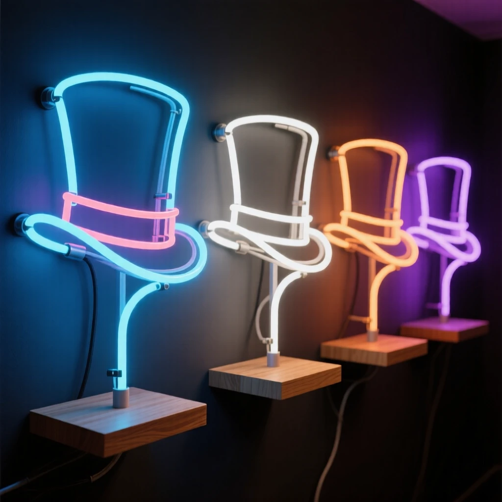 A row of formal top hats displayed on wooden stands.