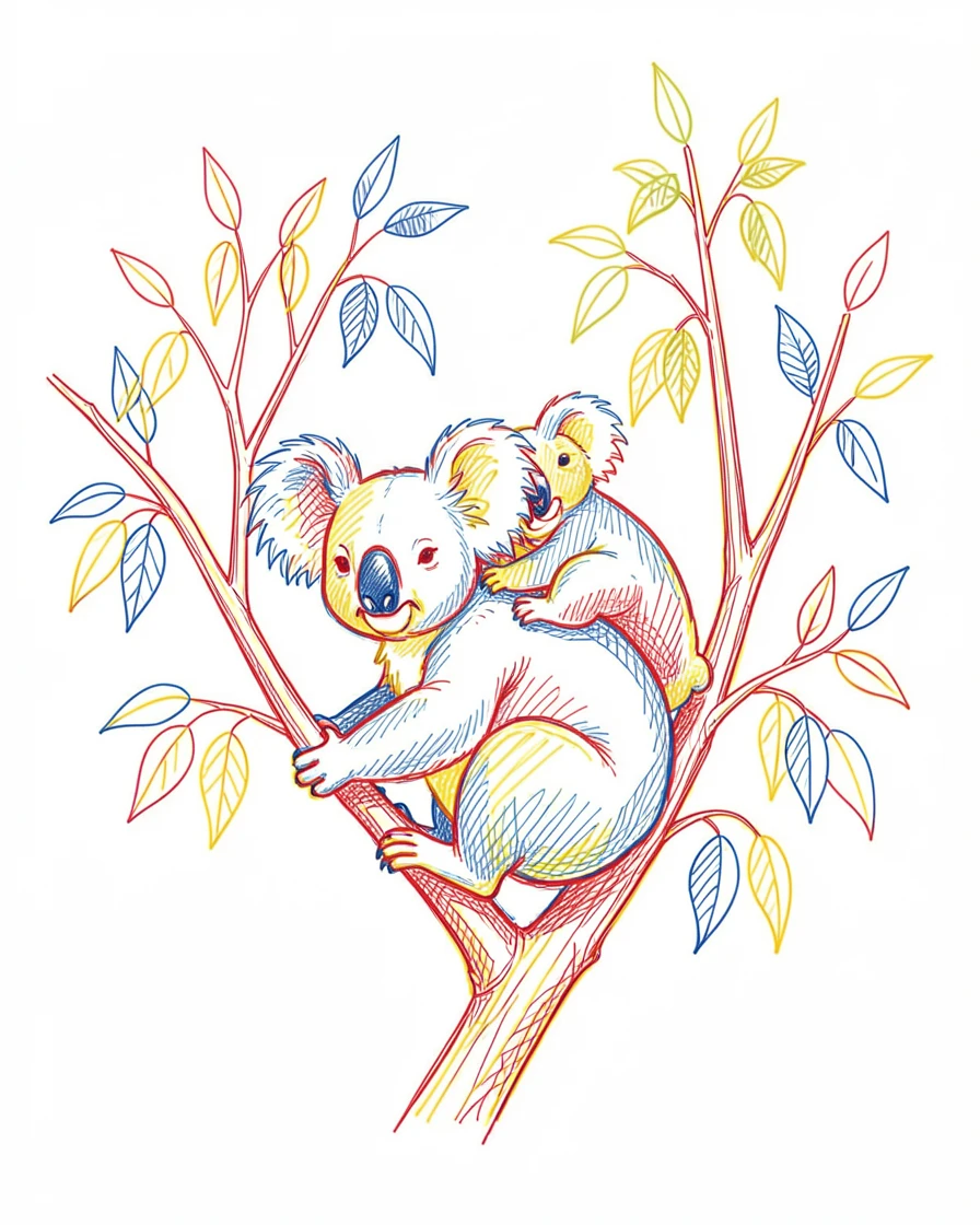 A koala mother carrying her joey on her back through eucalyptus branches