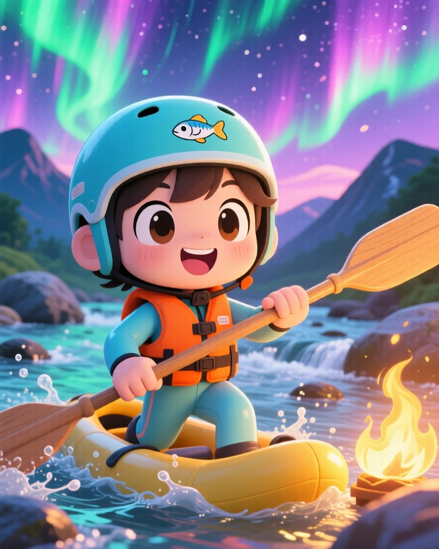 Close-up portrait of a river rafter, paddling energetically through gentle rapids, in a sunlit mountain river, beneath swirling aurora-lit skies, illuminated by cozy firelight, radiating eager anticipation.