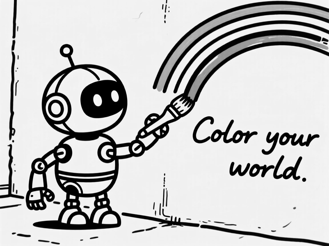 A small round robot character painting a rainbow on a wall.