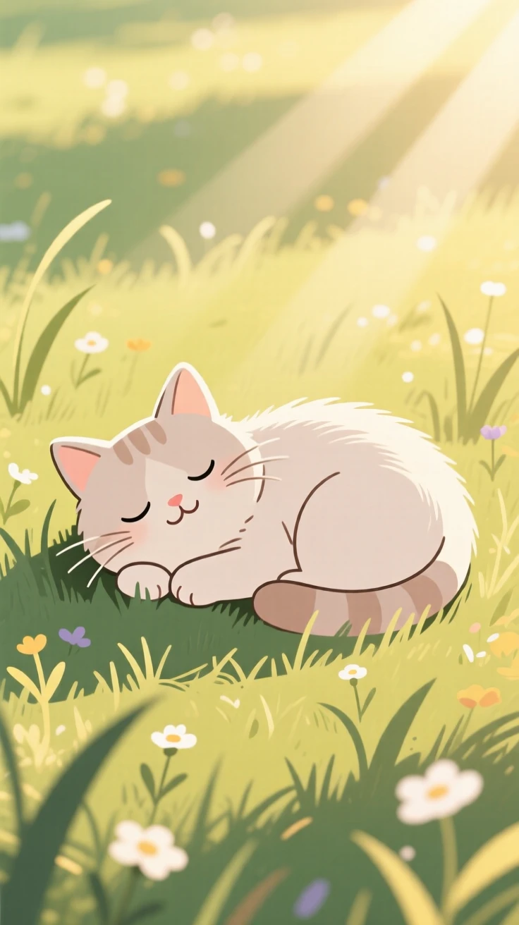 A playful kitten napping in the sun in a sunny meadow.