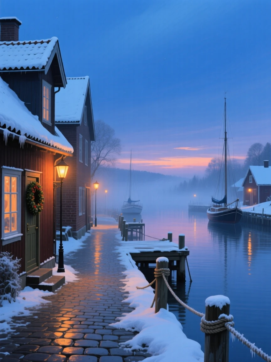 A blue hour sky settles over a quiet harbor town in Sweden, the last warm light fading behind snow-dusted rooftops as streetlamps begin to glow, the air carrying a faint mist that softens distant shapes without obscuring the overall view.