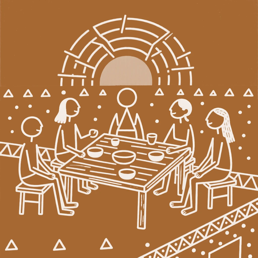 A group of lifelong friends watching the sunset from a rooftop together at a simple wooden dining table.