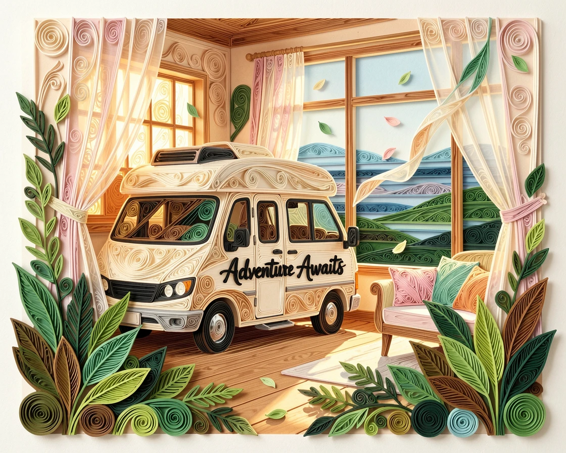 A relaxed modern lifestyle scene of a camper van parked beside a scenic overlook in a bright, plant-filled apartment, with a light breeze catching loose fabric or leaves, framed with warm natural light streaming in.