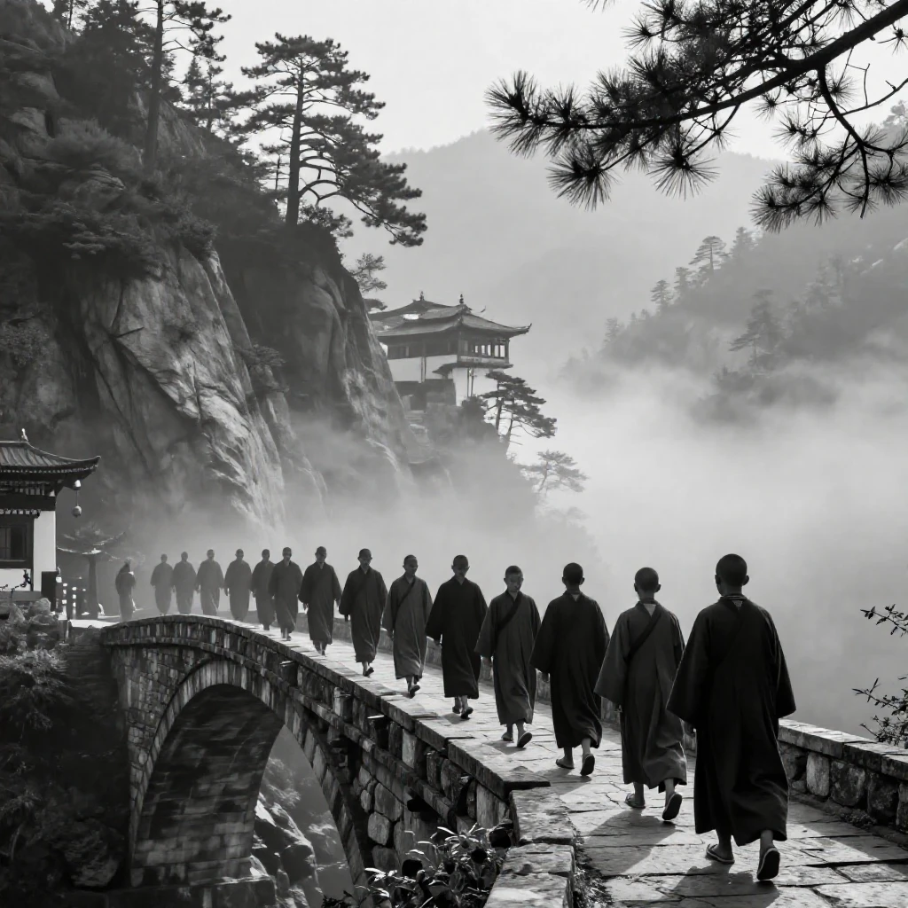 A group of monks walks single file across a misty bridge through a mountain monastery.