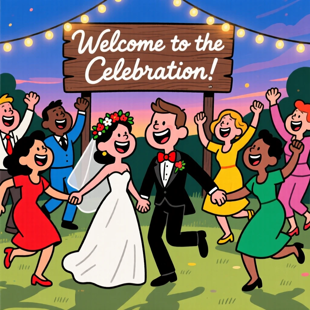 A festive celebration scene of a wedding celebration with guests dancing in a circle around the beaming bride and groom.