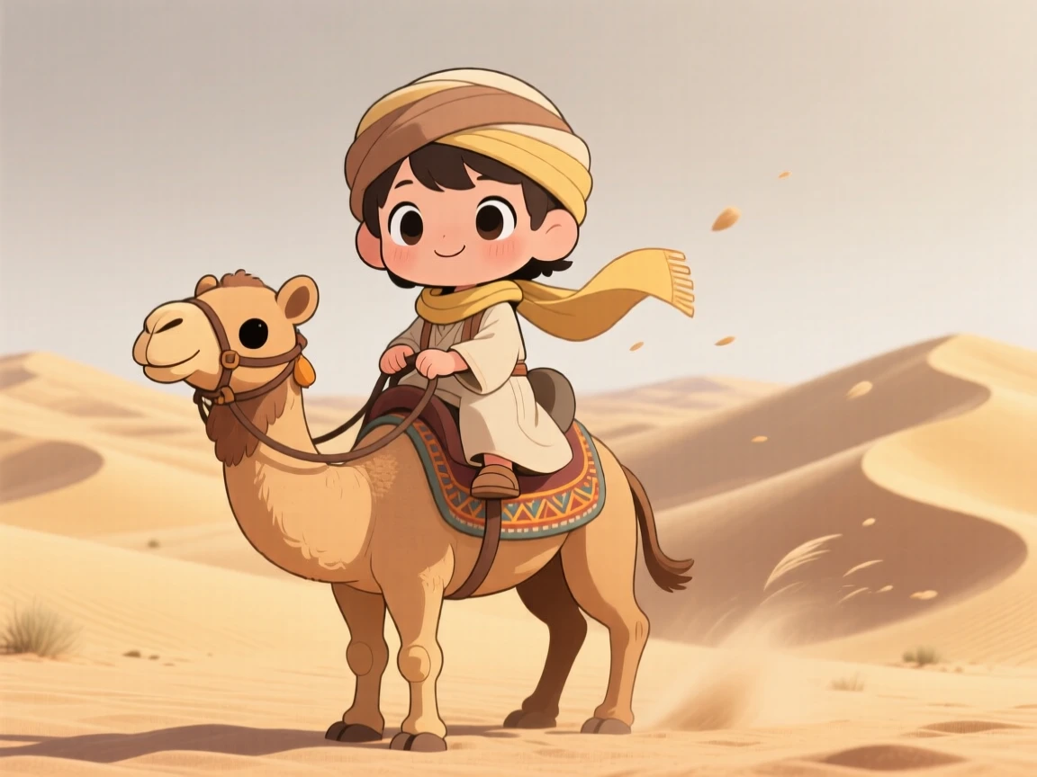 Symmetrical front-on view: a desert nomad child, riding atop a friendly camel, set against golden rolling sand dunes during a light summer breeze, with diffused overcast light and a mood of quiet contentment.