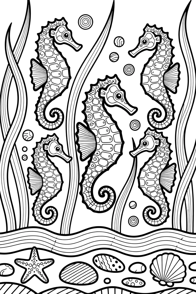 A cluster of seahorses drifting among swaying sea grass.