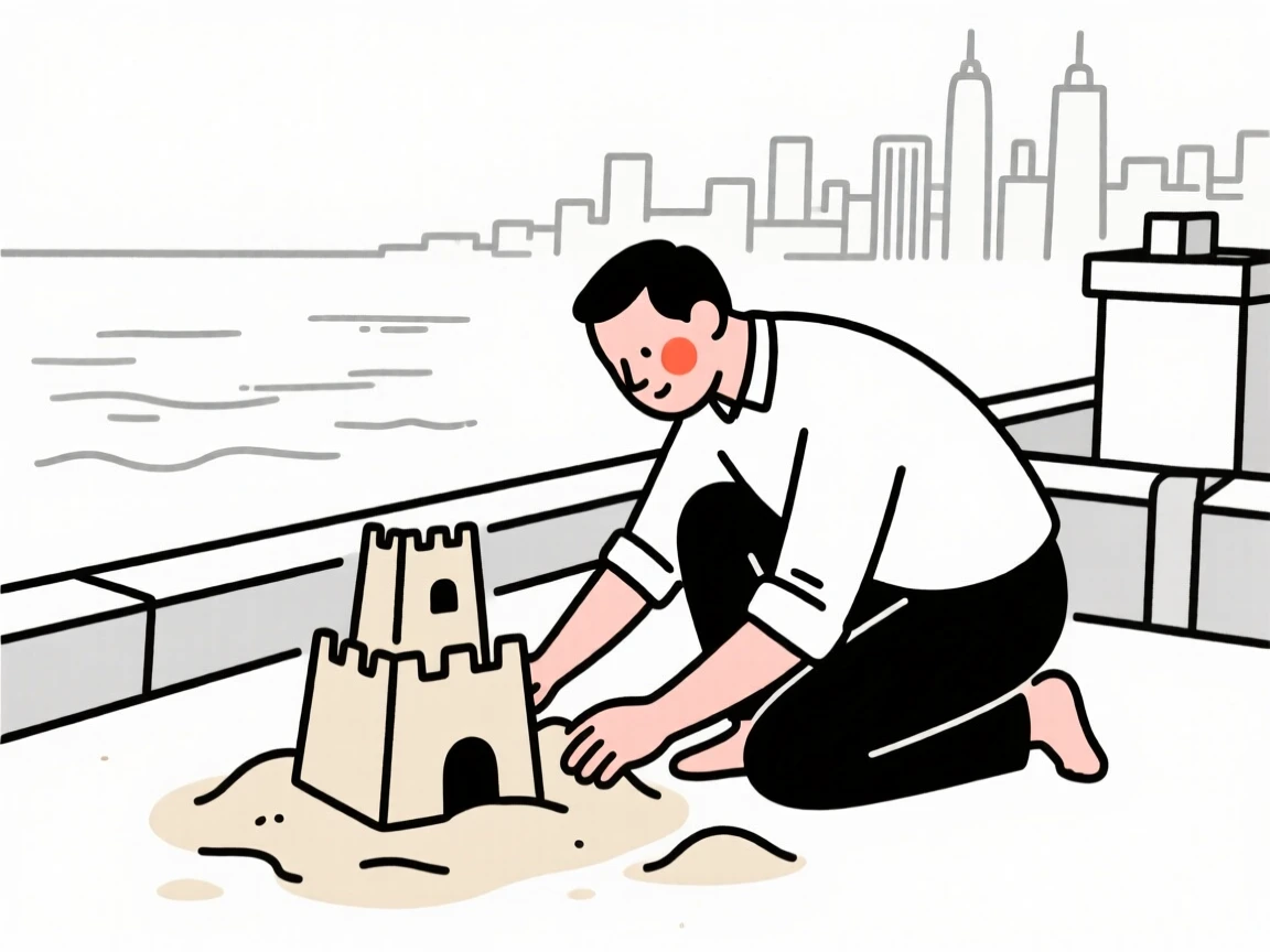 A father of Polish heritage building a sandcastle by the shore, on a rooftop overlooking the city.