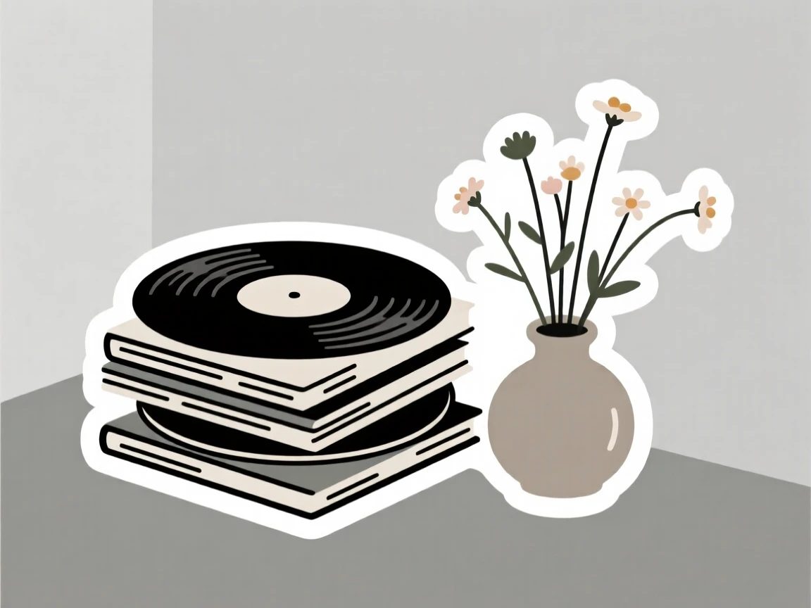 An effortlessly stylish stack of vinyl records, arranged beside a small vase of wildflowers, in a minimalist Scandinavian-style room.