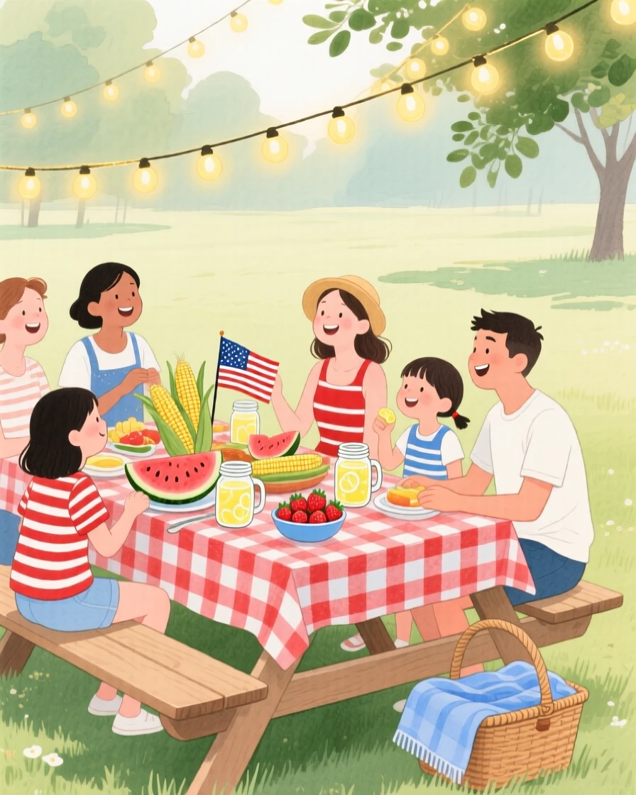 A joyful scene of a summer Fourth of July picnic, decorated with twinkling string lights, capturing the warmth of the celebration