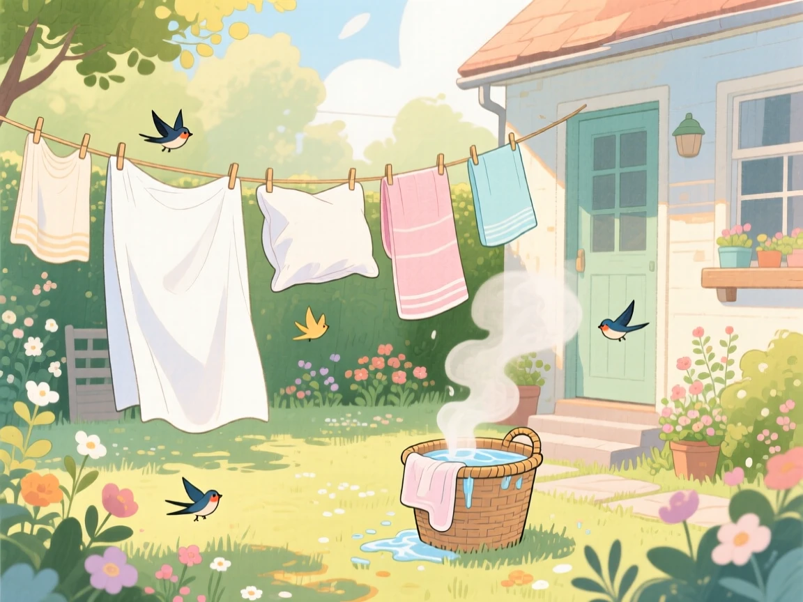 A sunlit laundry room with fresh linens drying on a line strung across the yard, with steam curling gently upward, evoking a gentle, unhurried happiness.