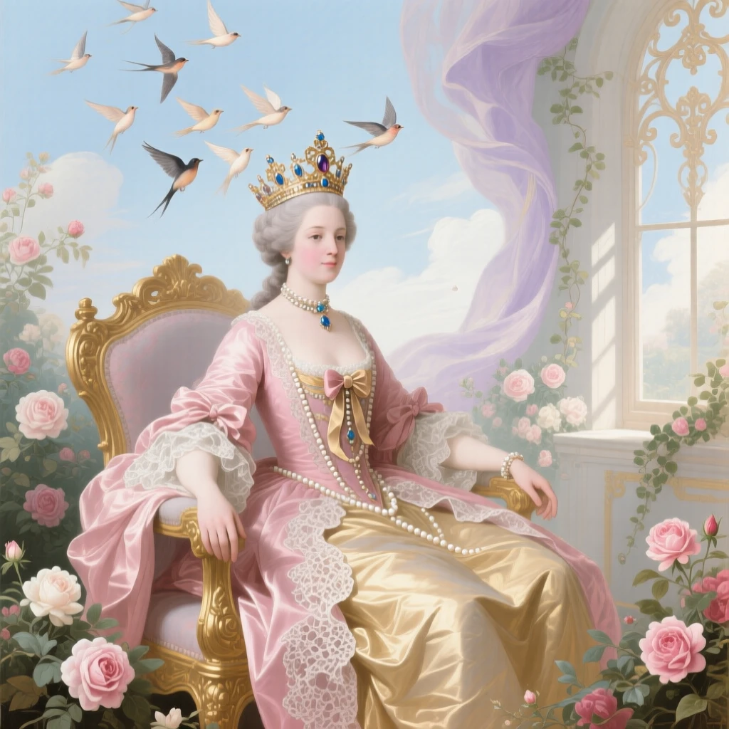 A queen’s crown transformed into a flock of birds above her throne  