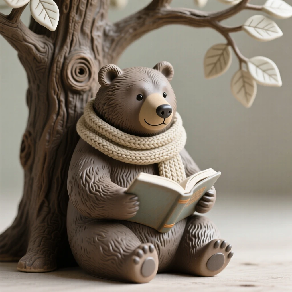 A bear in a scarf reading beneath a tree frozen in a scene of cozy togetherness, with tiny expressive details bringing the scene to life, stirring nostalgic delight and warm laughter.