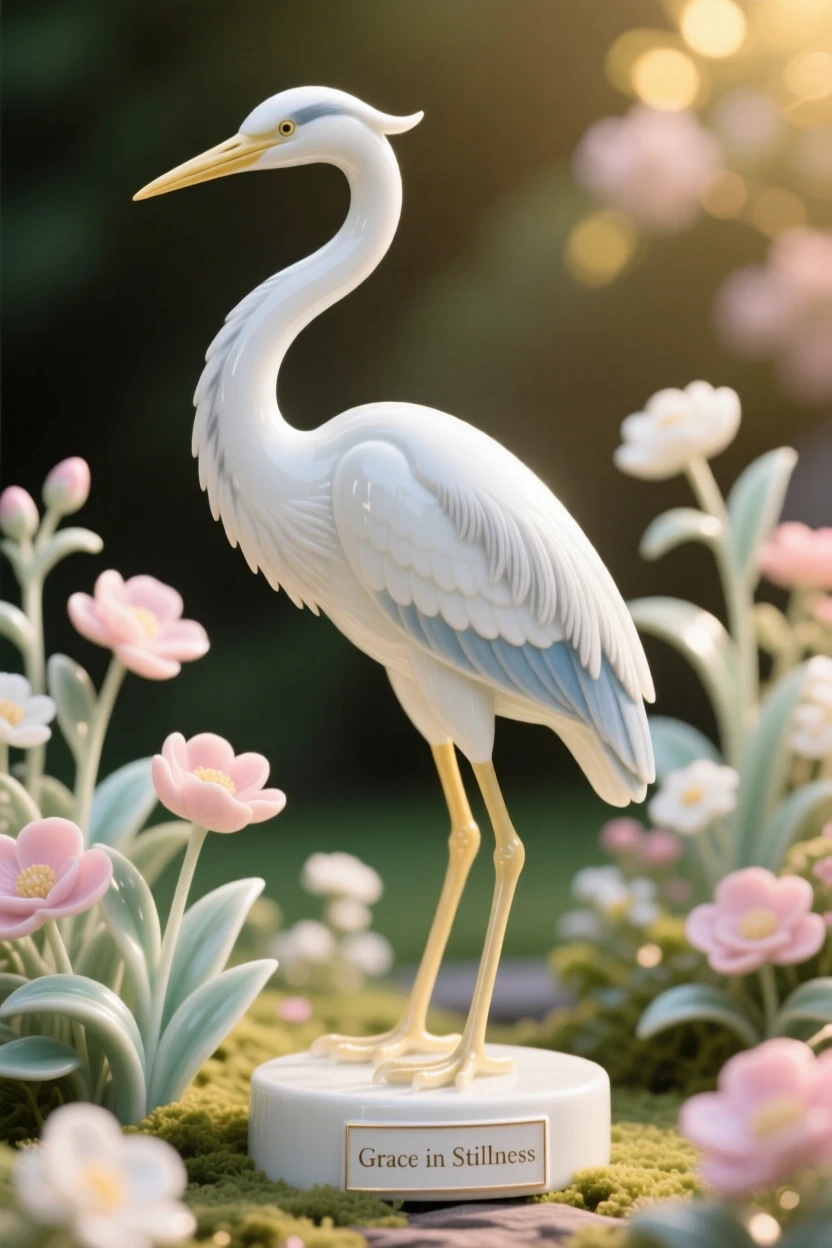 A brilliant heron in a blooming garden, preening delicately in golden light.