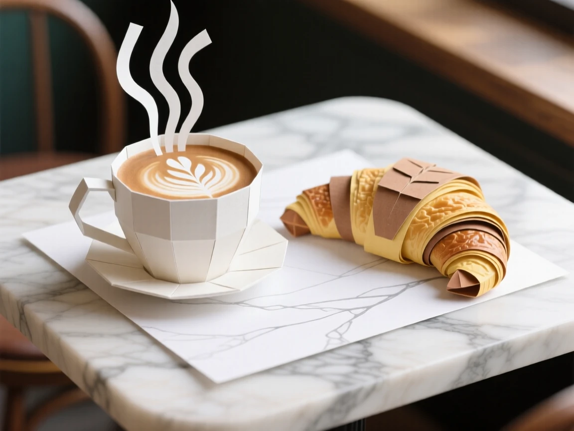 A steaming cup of cappuccino with delicate latte art resting on a marble café table beside a flaky croissant, morning light casting soft shadows, evoking cozy café culture.