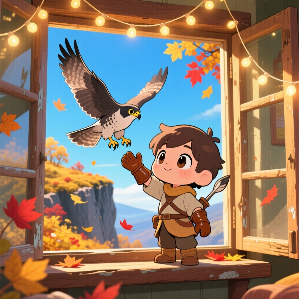 Framed through a window of a young falconer, releasing a falcon into a clear sky, in a windswept cliffside, on a crisp autumn afternoon, illuminated by warm fairy-light glow, radiating peaceful calm.