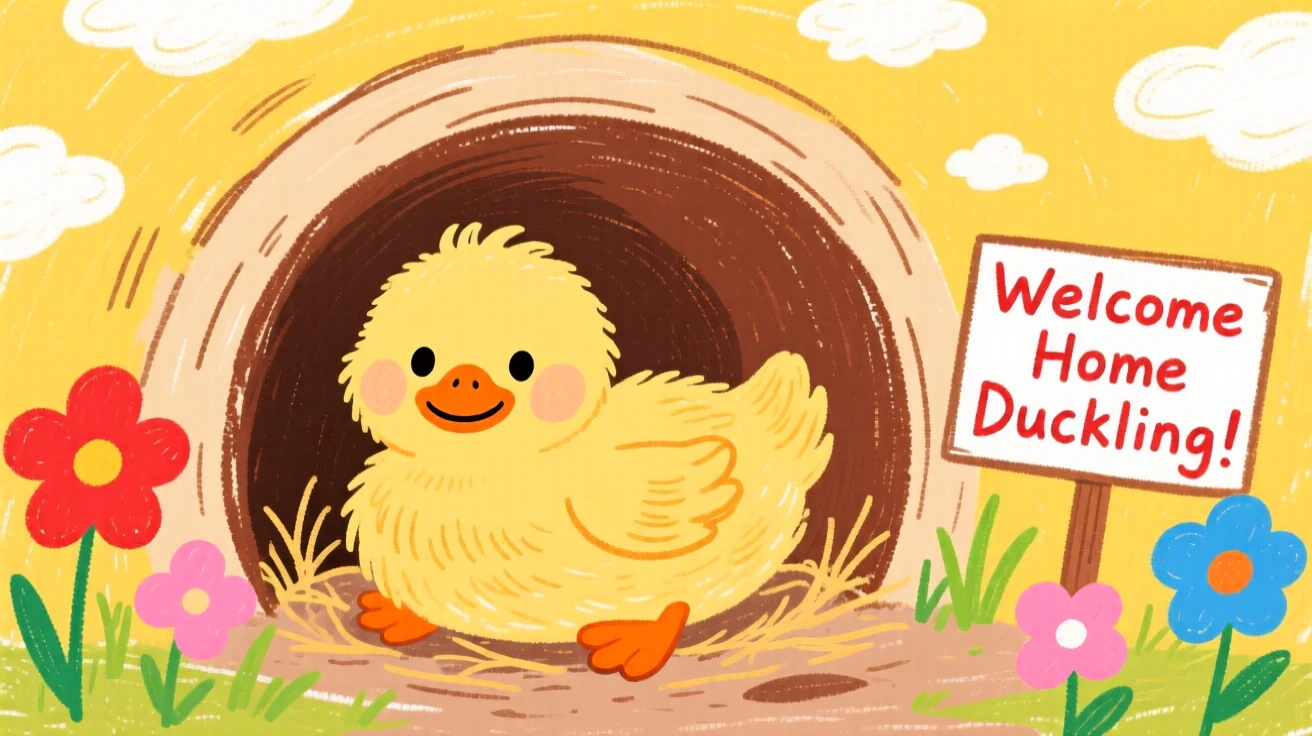 A fluffy duckling snuggled inside a cozy burrow.
