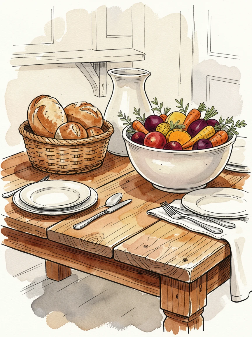 A rustic farmhouse table set for a harvest dinner, roasted vegetables and bread at its center