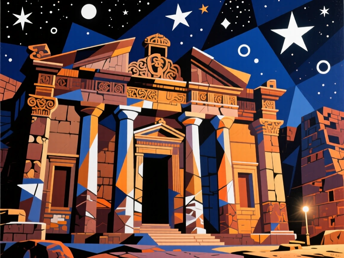 A breathtaking view of Petra's ancient facade, illuminated beneath a starry night sky.