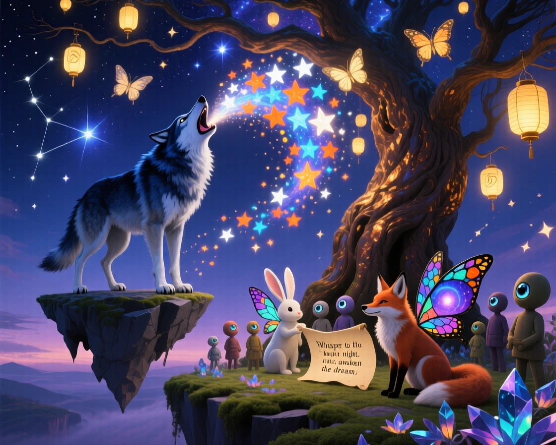 A wolf howling while stars pour from its open mouth pauses beneath a tree hung with glowing lanterns, as small creatures gather quietly to watch it pass.