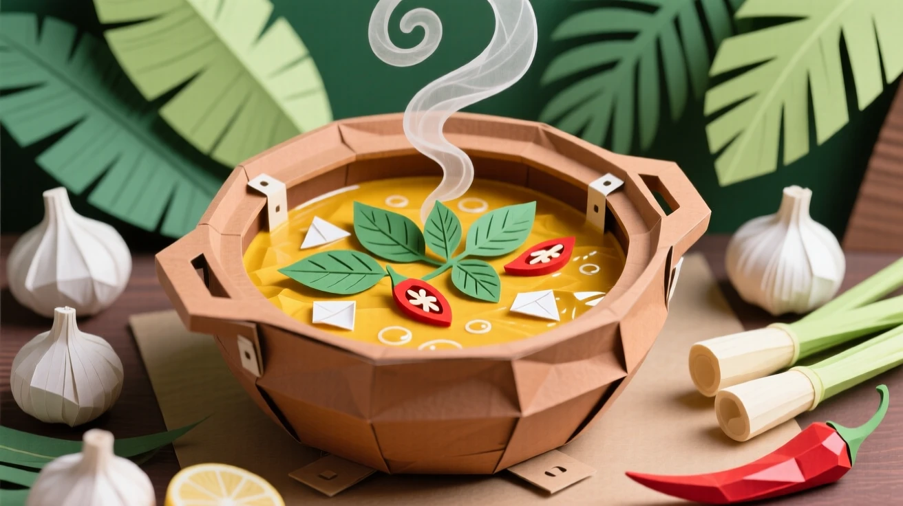 A vibrant Thai curry simmering in a clay pot, fresh basil and chili floating on the surface, steam rising against a backdrop of tropical ingredients, evoking bold, warm flavor.