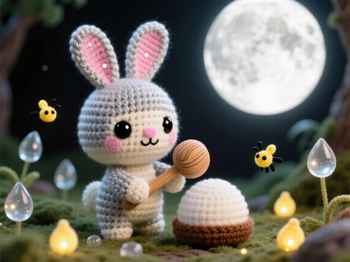 In a hidden glade lit by fireflies, a tiny moon rabbit with silvery fur and long ears is captured pounding mochi beneath a glowing full moon, surrounded by a scattering of shimmering dewdrops, filled with a warm, protective tenderness.
