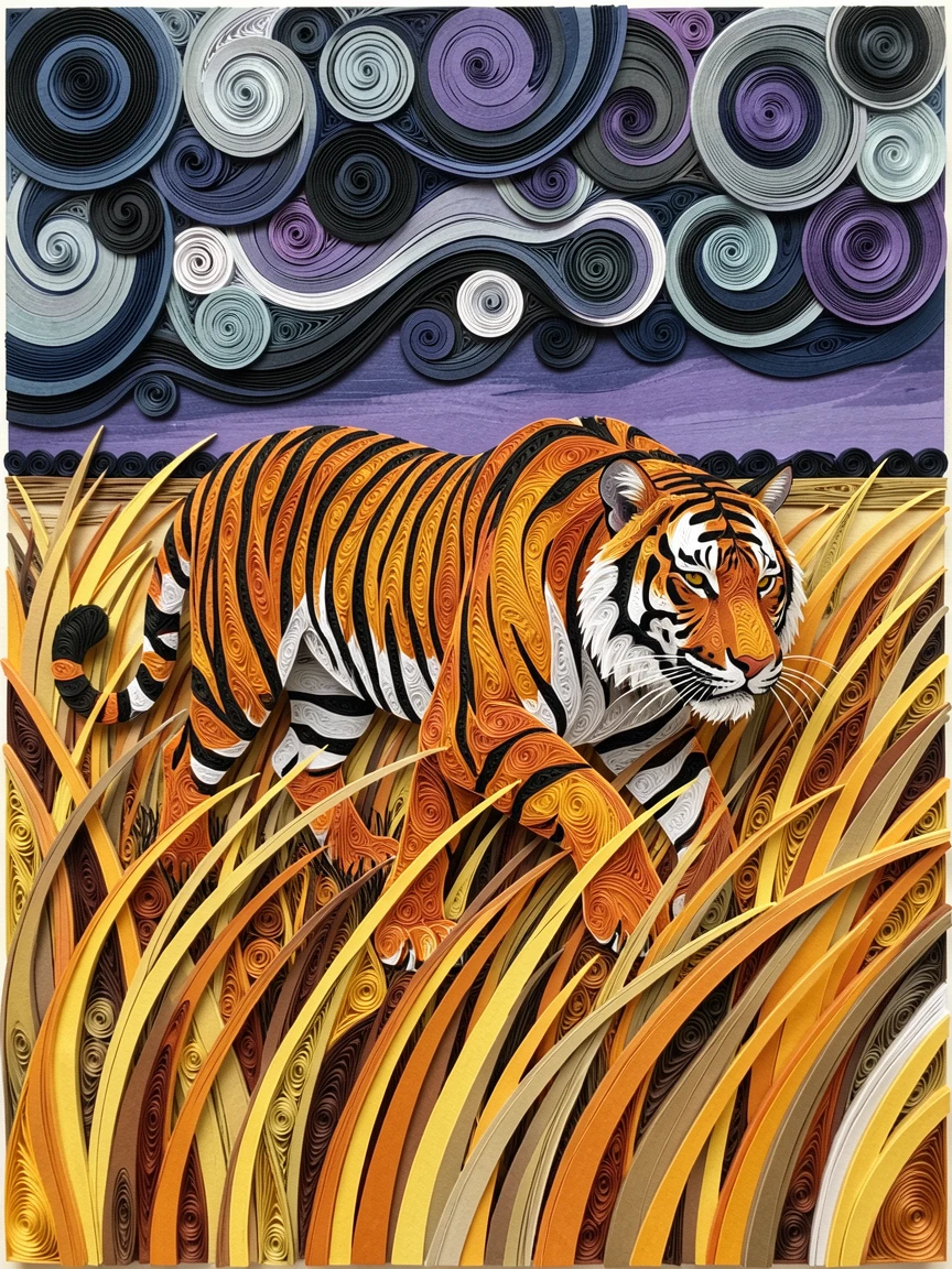 A striking wildlife scene of a tiger prowling through tall golden grass along a quiet natural horizon line, in the dramatic contrast of a stormy sky, shown from a sweeping wide-angle perspective.