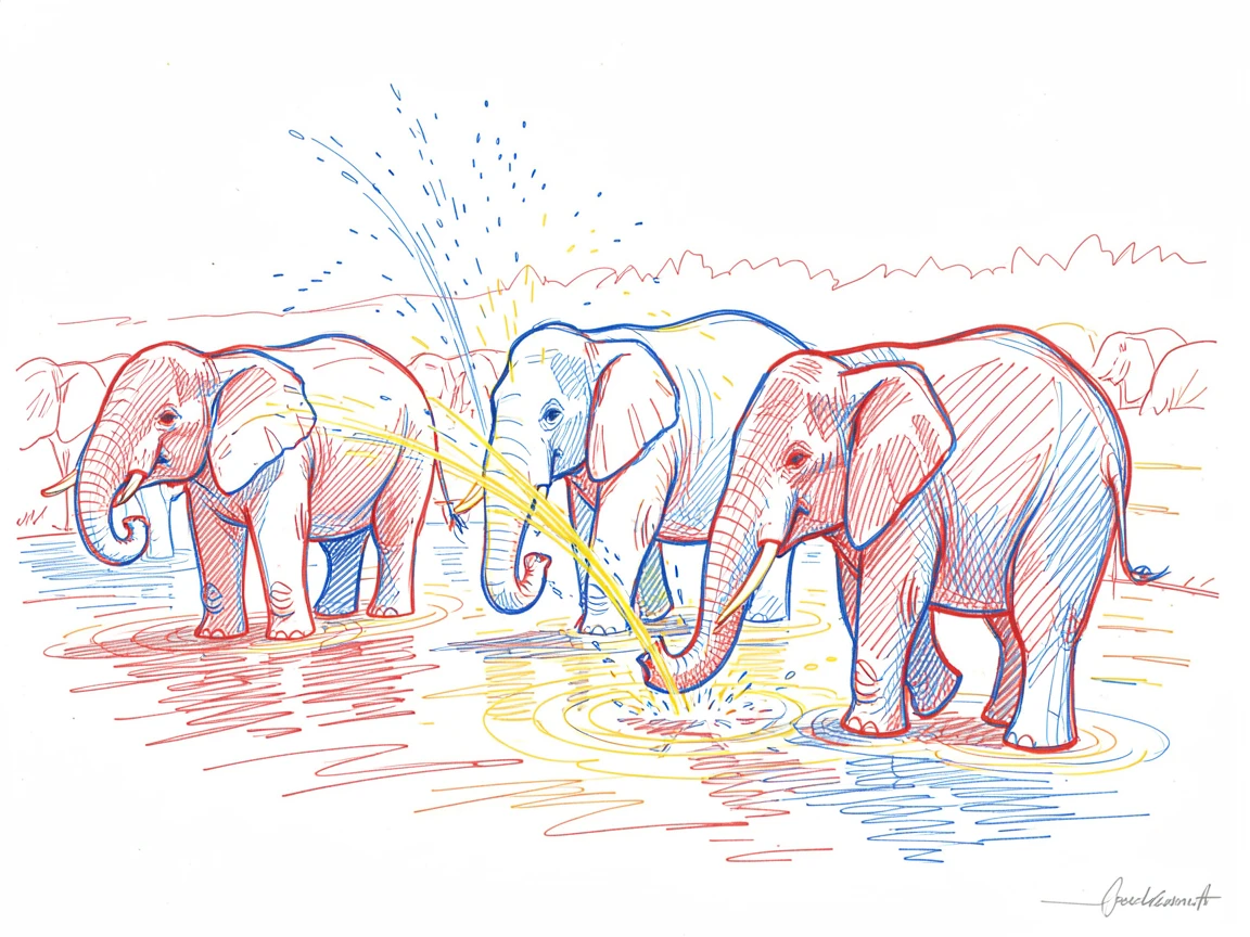 A herd of elephants bathing and spraying water in a muddy river