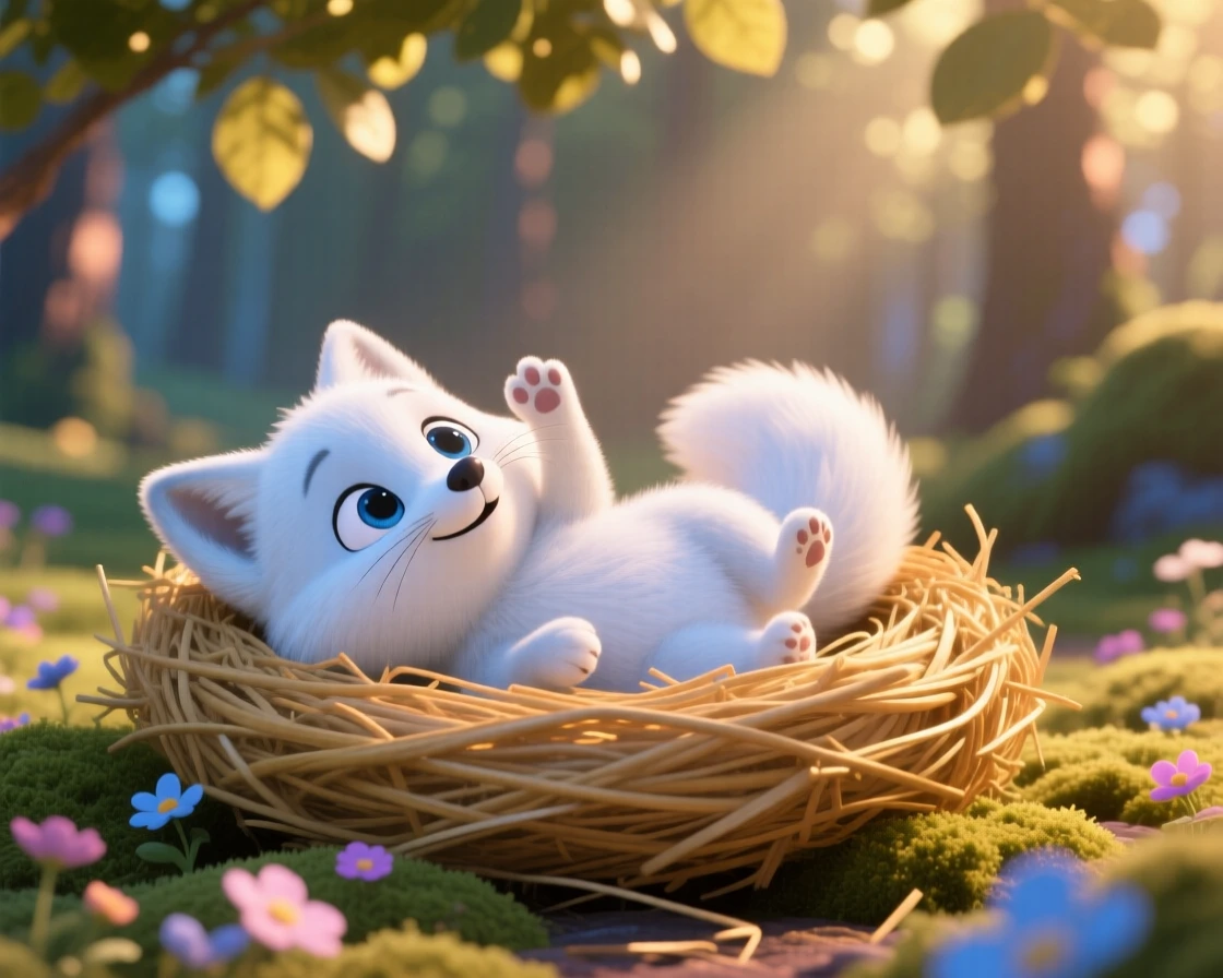 A baby arctic fox is curled up in a nest of straw, rolling gently onto its back. The scene feels warm and heartwarming, with its whiskers twitching gently.