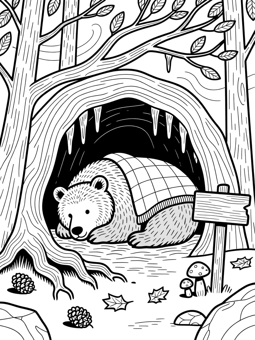 A grizzly bear curled up in a den surrounded by roots, with icicles hanging from nearby branches.