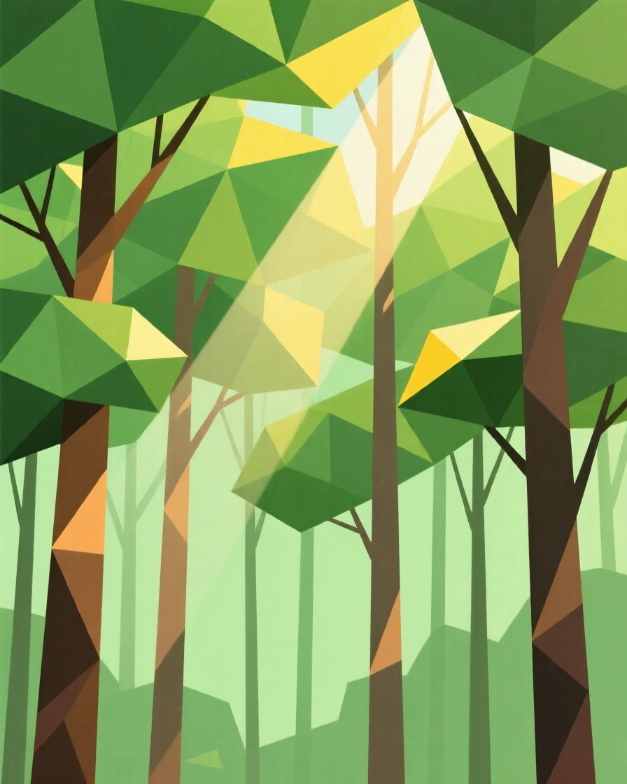 A dense green forest with sunlight filtering through the canopy