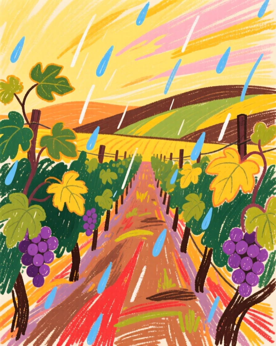 A view of a vineyard glowing at golden hour as gentle rain begins to fall.