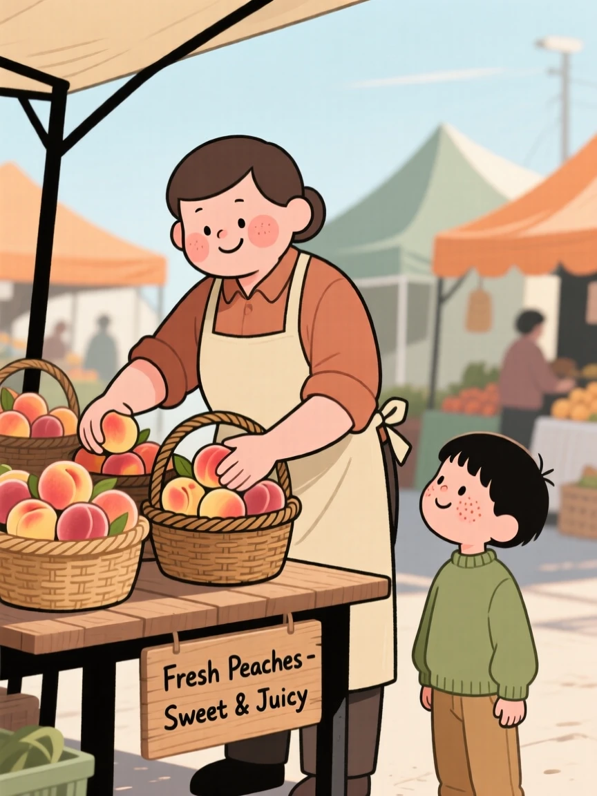 A baker arranges baskets of ripe peaches at a bustling farmers market, greeting a curious child with a warm smile in the morning sun.