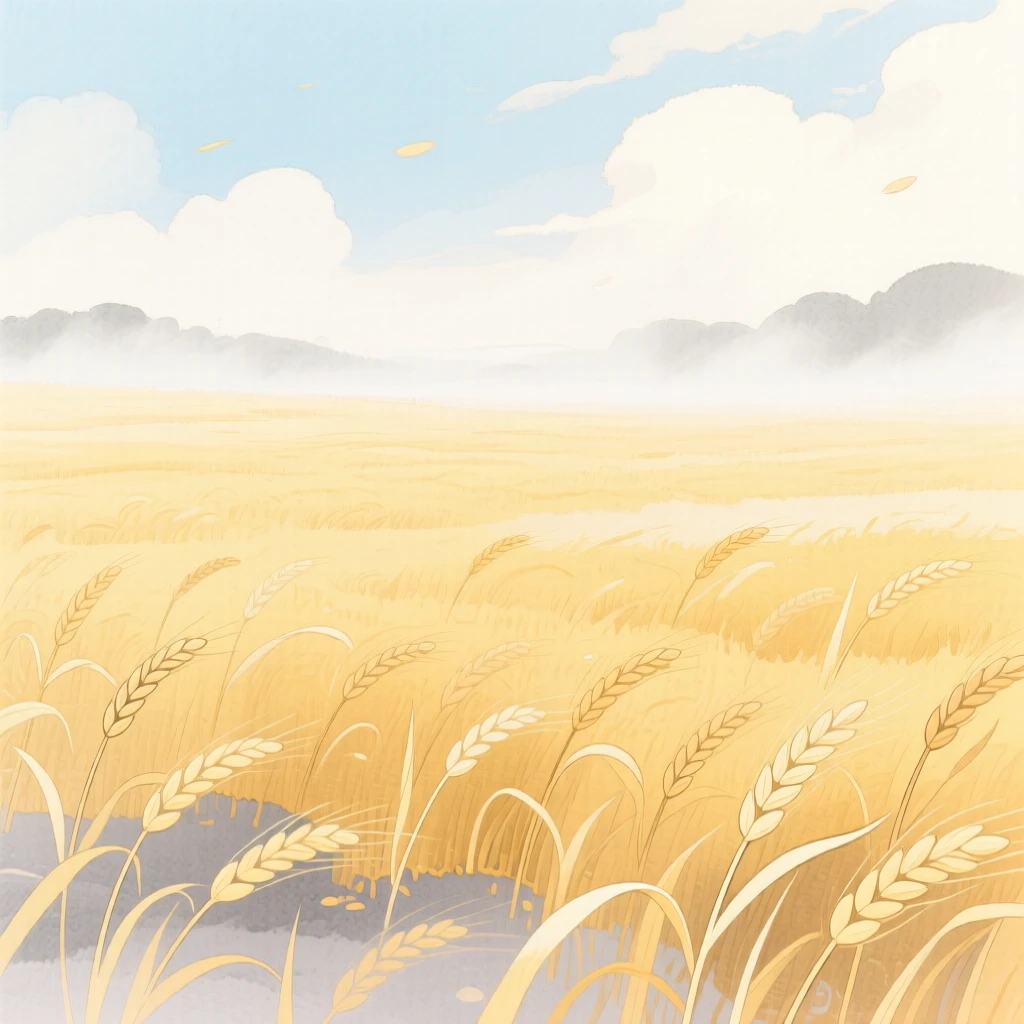 A golden wheat field rippling in the summer wind, with gentle mist rolling low across the ground, evoking peaceful serenity and awe.