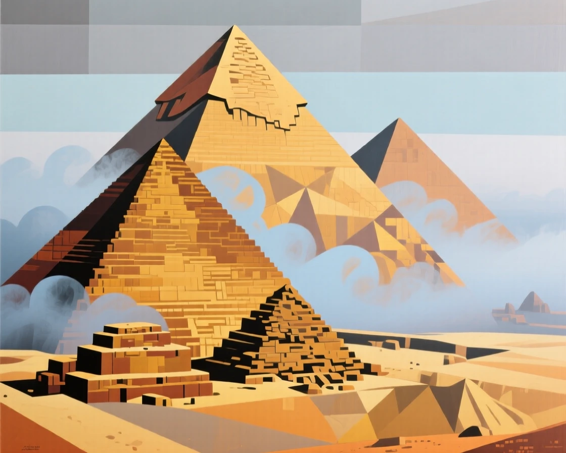 A breathtaking view of the Great Pyramids of Giza, wrapped in soft morning mist.