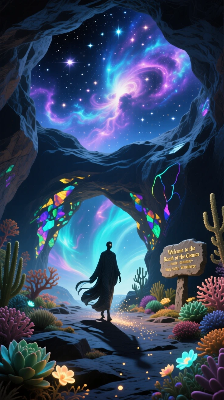 A cave that opens into a sky full of stars instead of stone seems to breathe slowly in and out with the wind, while a lone figure walks quietly through its heart.
