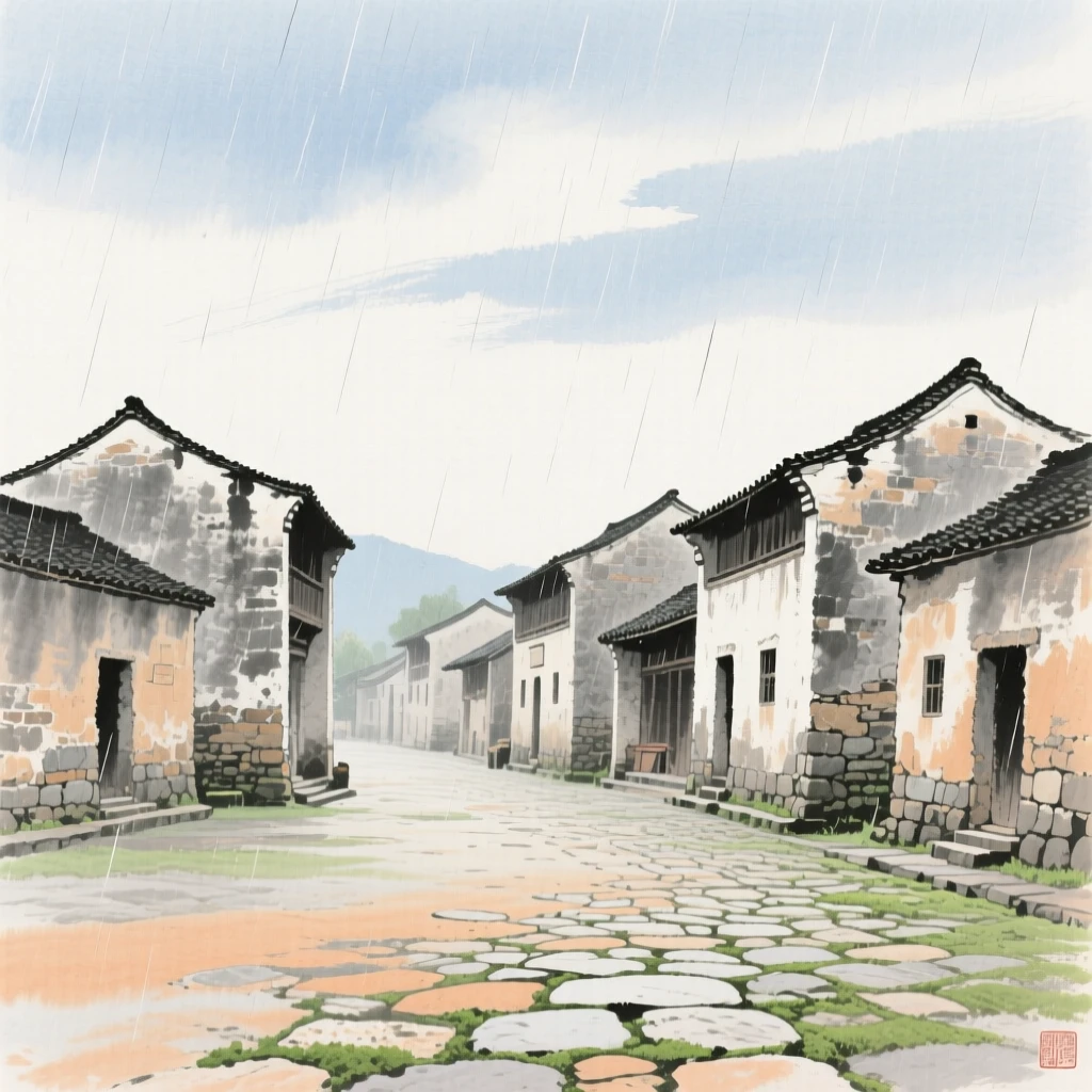A quiet village square lined with old stone houses, beneath a sky washed clean by rain.